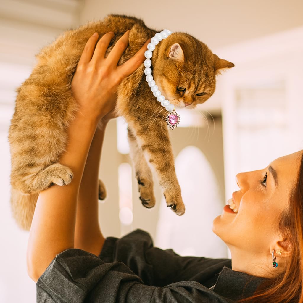 Qpets Jewelry Cat Collar with Pink Rhinestone Heart Charm and Pearls 3PCS 30–35CM | Valentine's Gift