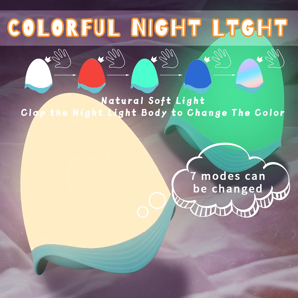 ELEPHANTBOAT® Kids Night Light Dinosaur Egg Night Lights for Bed Room 7 Color Changing Cute Night Light Rechargeable USB Night Light Desk Lamp Nursery Night Light for Boys Girls Bedroom