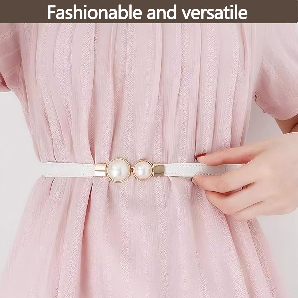Zibuyu Women Skinny Waist Belt for Dresses with Gold Pearl Buckle 60–80cm Adjustable | White PU Faux Leather Elastic Design