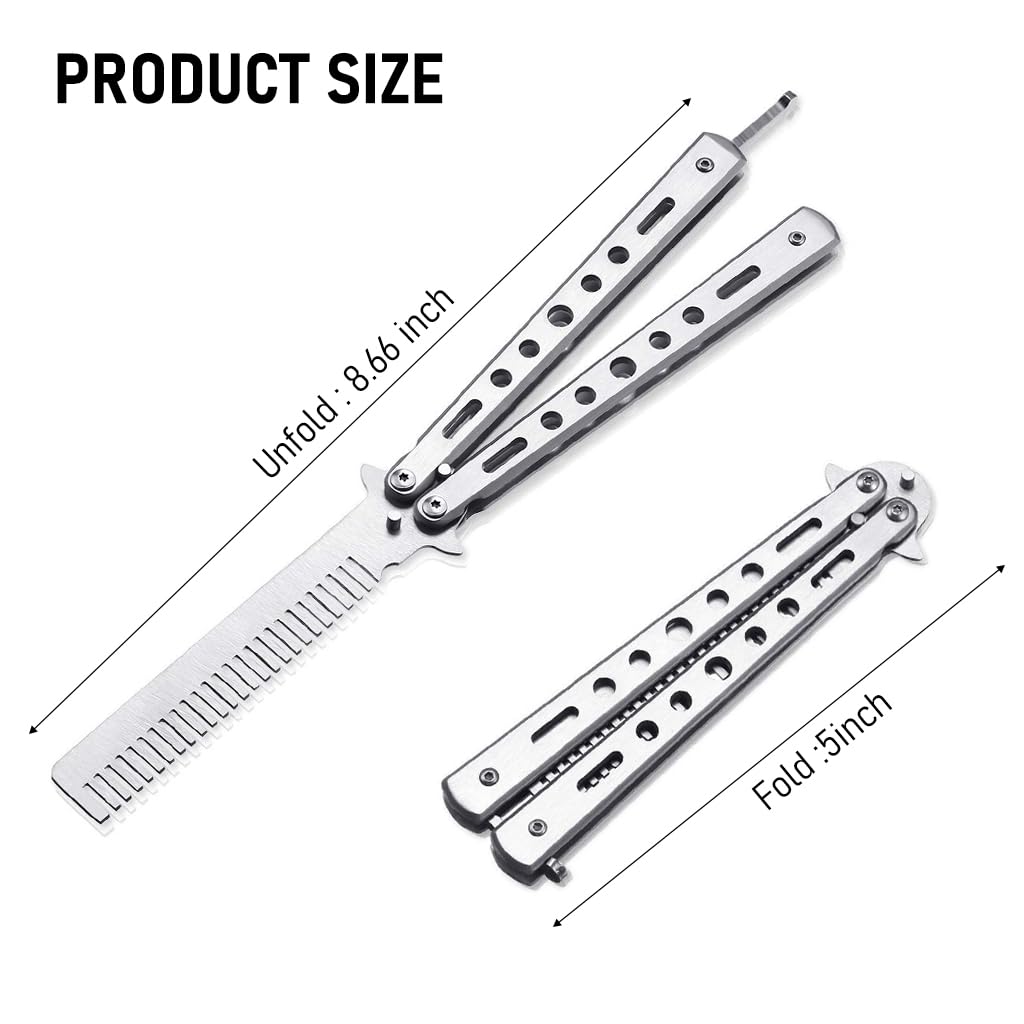 ZIBUYU® Butterfly Comb Professional Training Comb Stainless Steel Folding Practice Comb Unsharpened Blade Stylish Comb Saloon Tool for Beginners Training - Silver