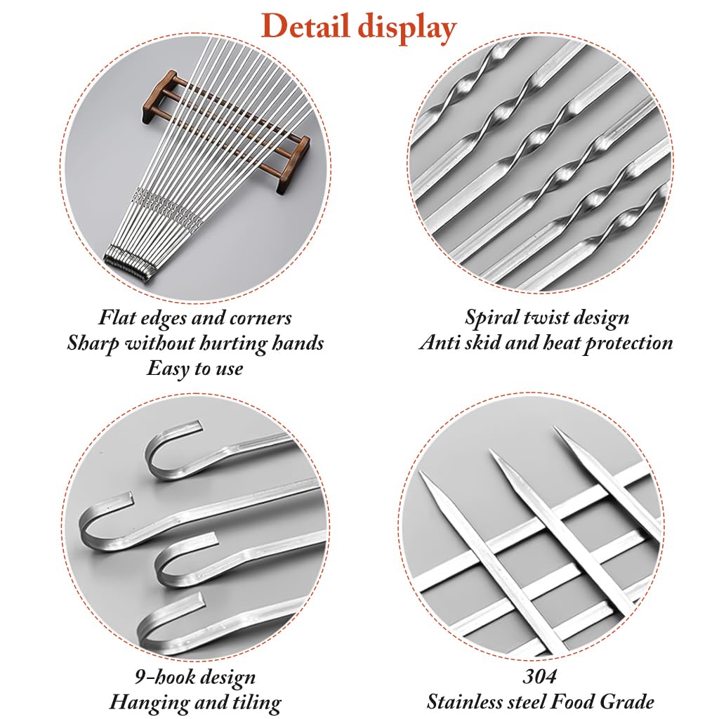 HASTHIP® 10pcs Skewers for Grilling BBQ, 35cm Stainless Steel Kebab Skewers, Reusable BBQ Sticks for Vegetables, Meat, Chicken