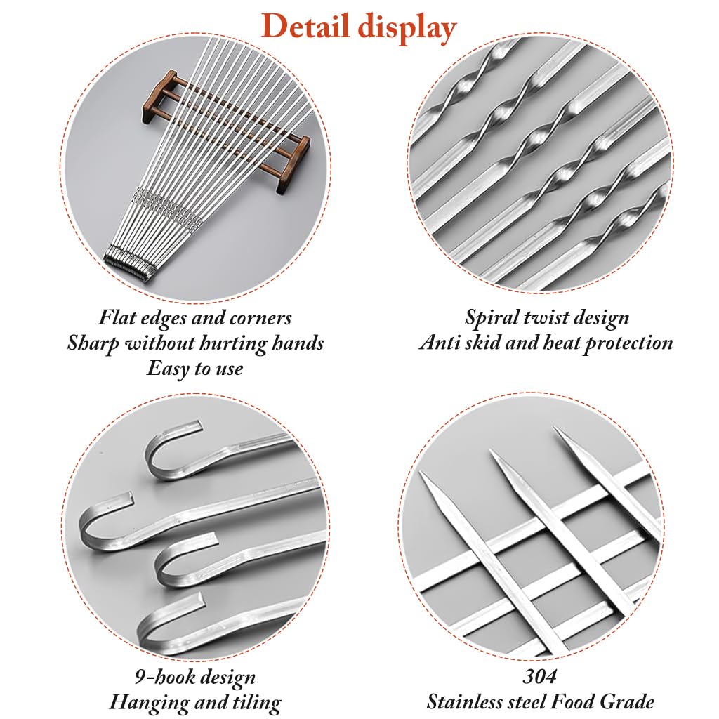 Venzina Steel Skewers for Grilling 35cm 10 Pcs with Curved Hooks and Flat Tips | Reusable BBQ Sticks
