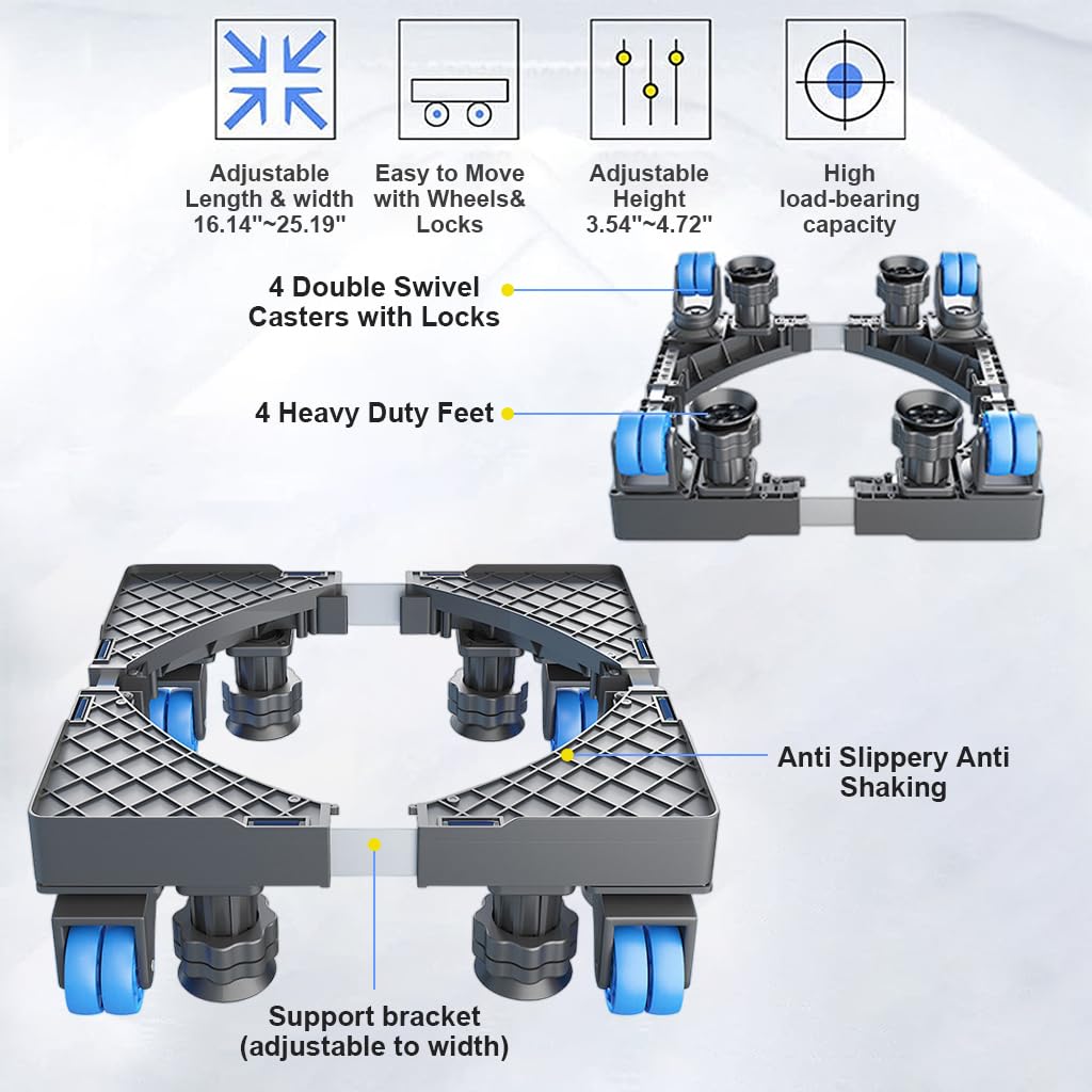 Supvox® Caster Wheel Stand Lifting Stand for Washing Machine Universal 16-25 inches 4-Wheel Extendable Moving Trolley Stand with 4 Strong Suction Cup Feet 360° Swivel Caster Wheel Stand