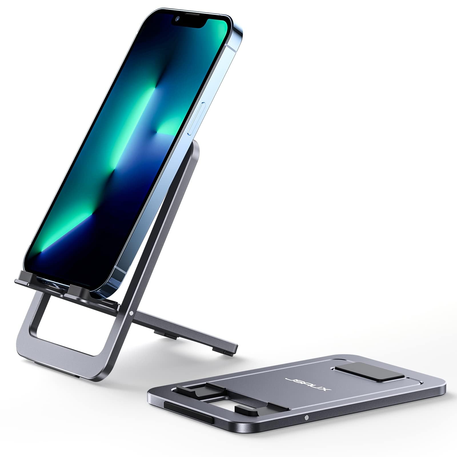JSAUX® Cell Phone Stand, JSAUX Foldable Aluminum Adjustable Phone Holder for Desk Portable Travel Holder Office Desk Accessories Compatible for iPhone 14 13 12 11 Pro Max X Xr Samsung S22 S21 A53 Switch Grey