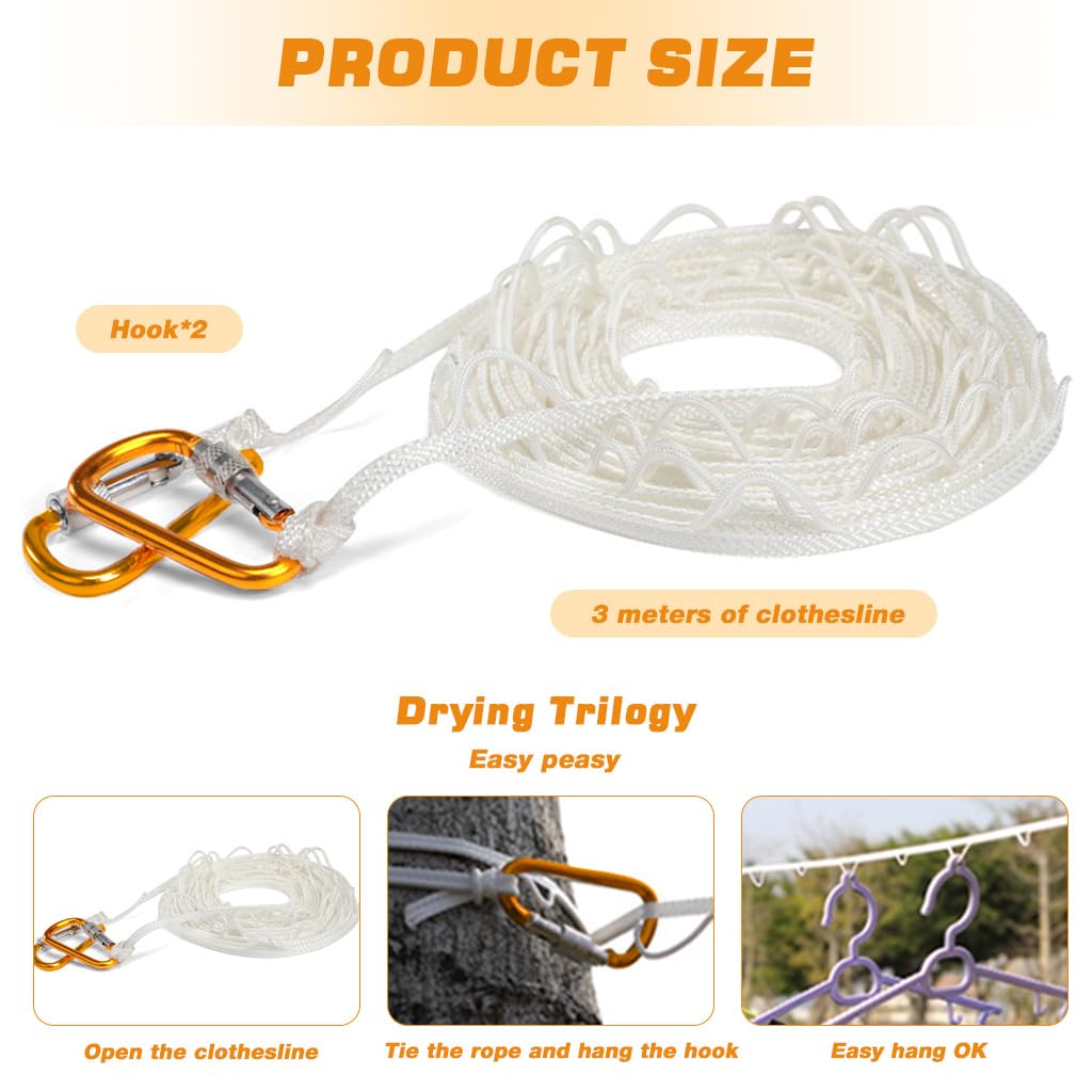 HASTHIP Clothes Drying Rope for Indoor and Outdoor Use with Metal Carabiners and Multi Hanger Loops 9.8 ft White Nylon | Windproof Design for Sheets Clothes and Bedding