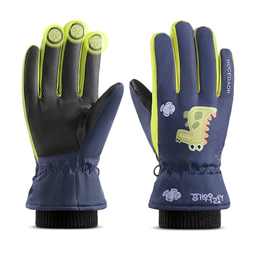 PATPAT Kids Winter Ski Gloves for Outdoor Play with Waterproof PU and Fleece Lining | Blue for Ages 8-12