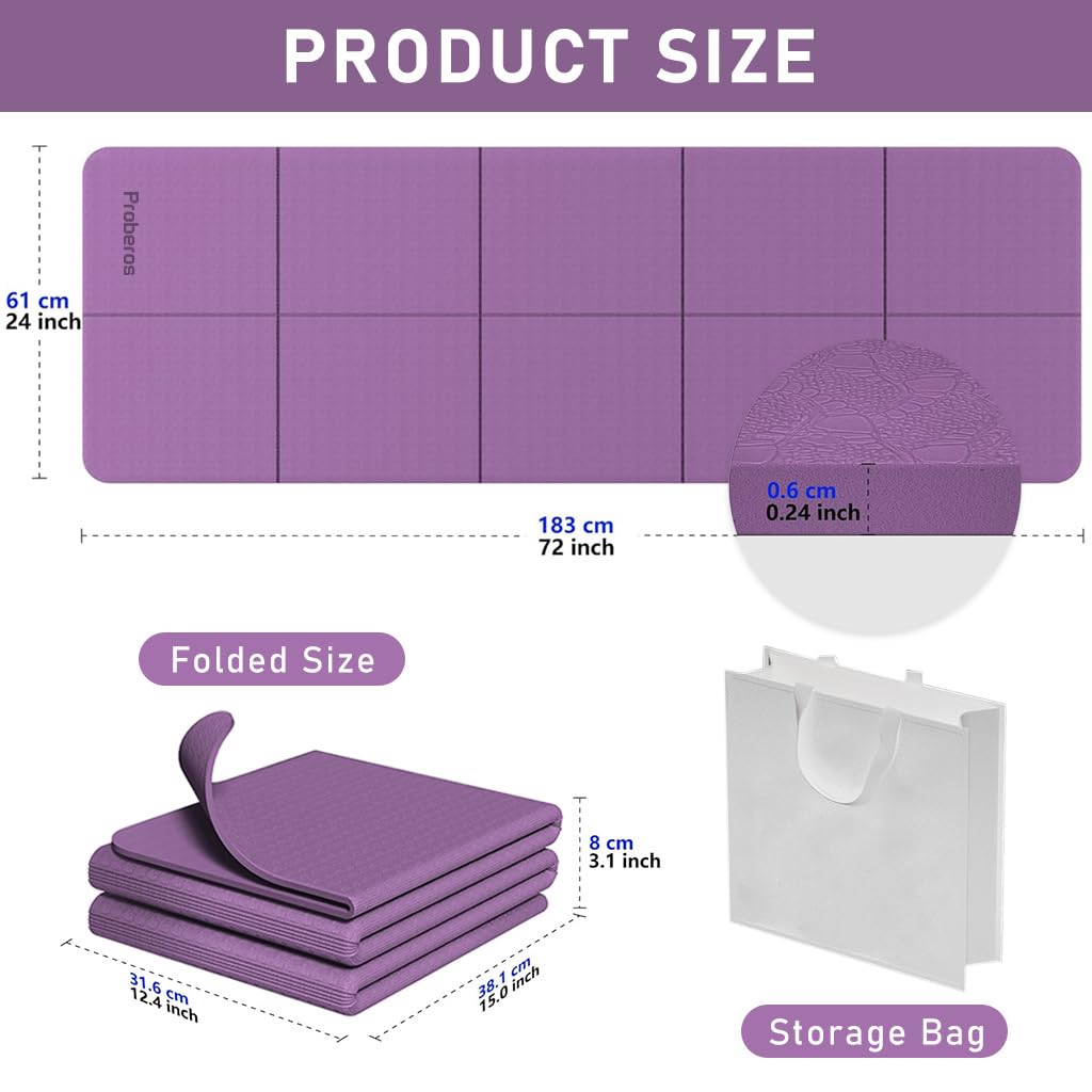 Proberos Yoga Mat for Home and Travel with Non Slip Foldable Design 72x24 in | TPE 5mm