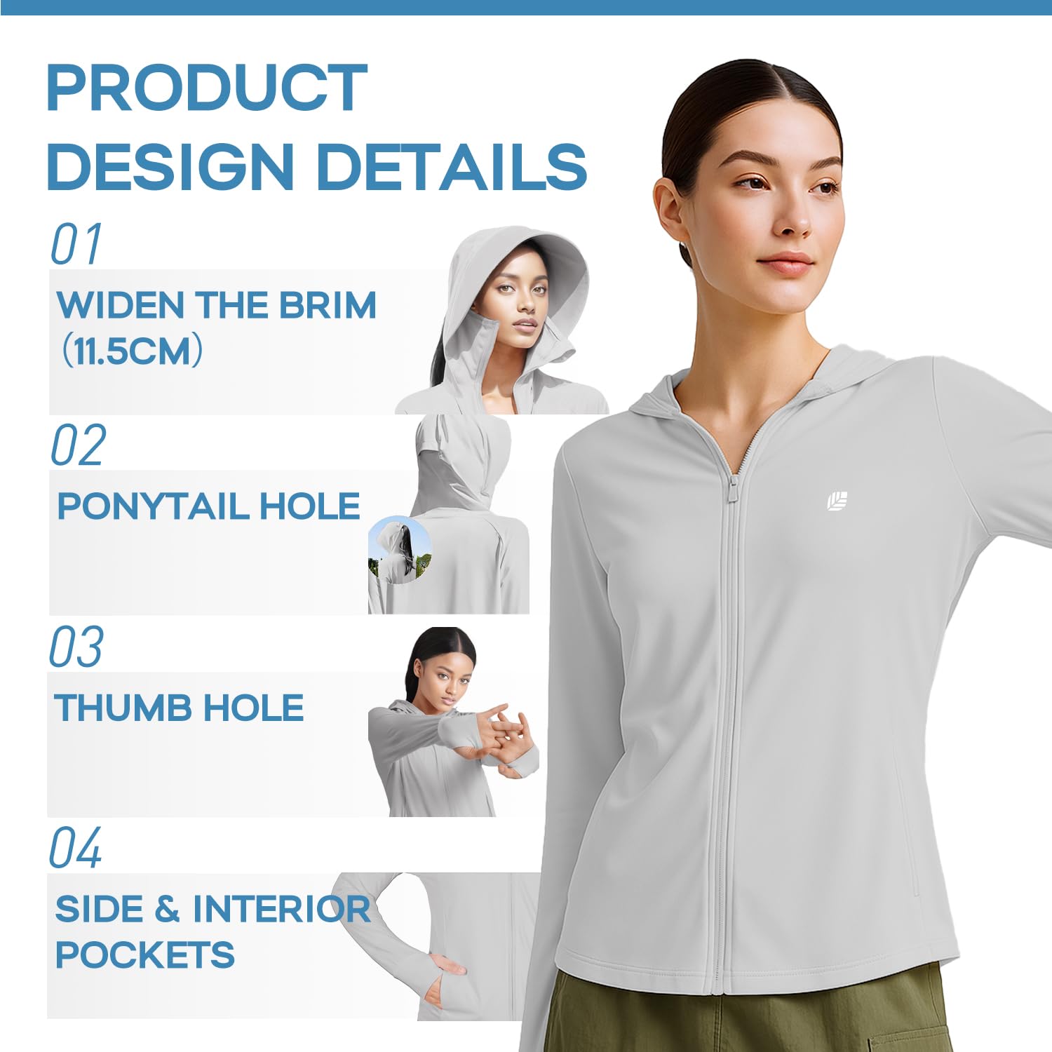 Venzina Women's UPF 50+ Lightweight Athletic Jacket with Cooling Fabric and Ponytail Hood for Outdoor Hiking | Grey XL