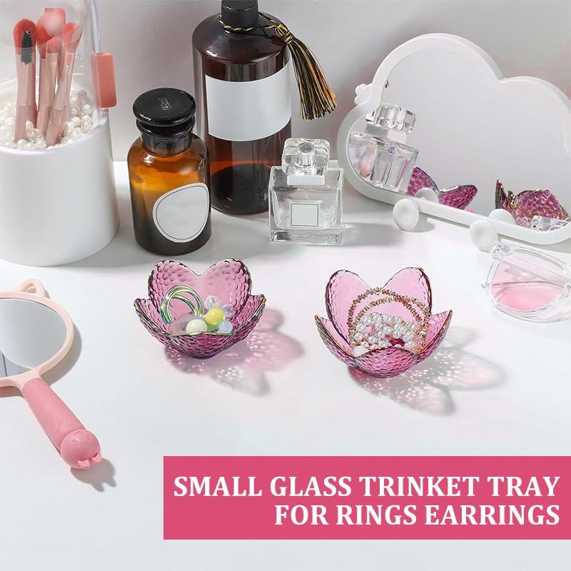 Supvox Jewelry Tray for Rings and Snacks featuring 3.5 in Petal Shape Hammered Pink Glass Bowl | Gold-Rimmed Home Decor