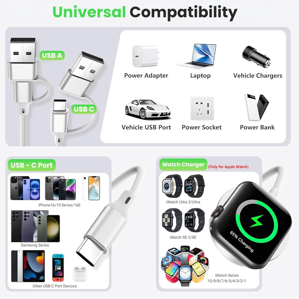 Verilux 4 in 1 Watch Charger Cable for Apple with 4.9 ft USB C Fast Charging Pad | Dual Device Power