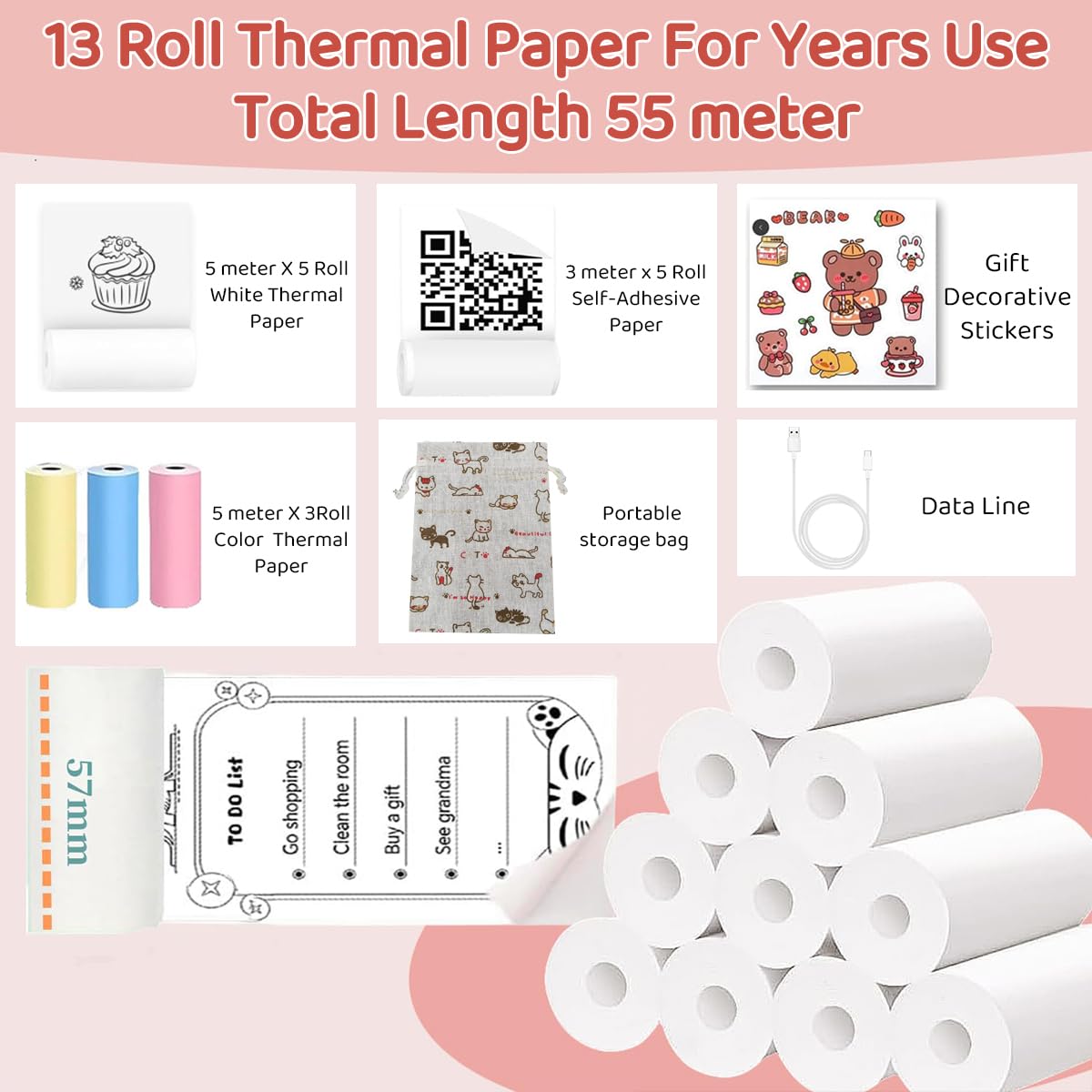 Zeitel Mini Bluetooth Thermal Printer for Android and iOS with 13 Roll Paper | 200DPI Inkfree Portable Label Printer