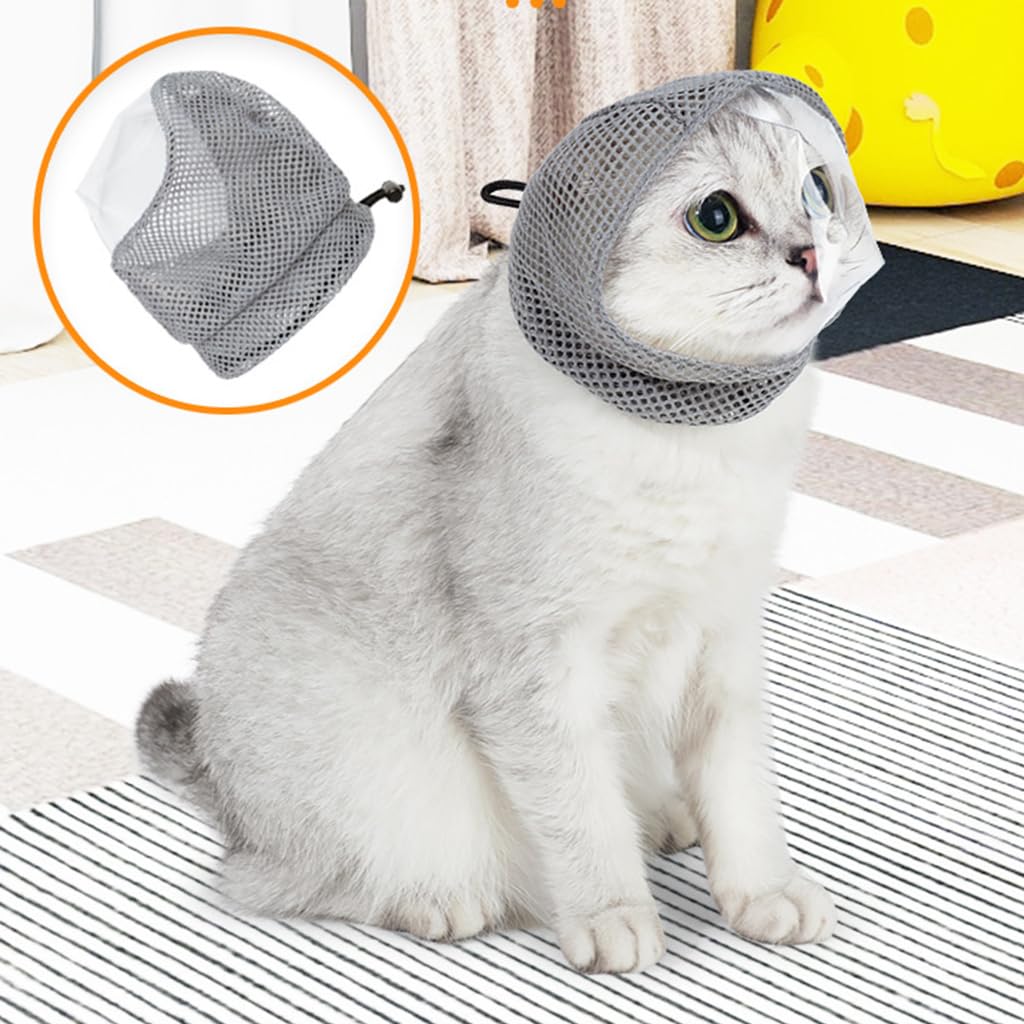 Qpets Cat Muzzle for Grooming and Bathing with Adjustable Drawstring and Mesh | Clear TPU Face Cover for Cats 1–4KG