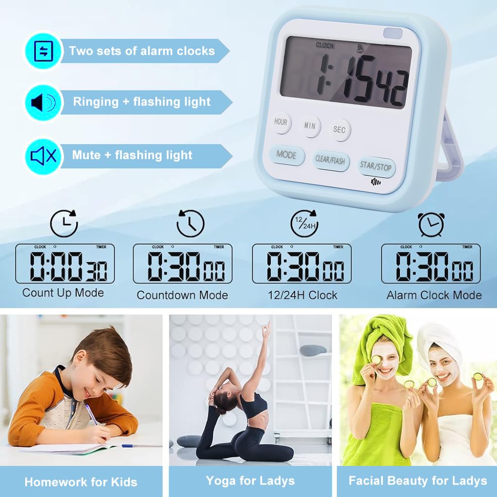 ZIBUYU Timer Clock for Study and Kitchen with Magnetic Folding Bracket and Flash Light 5.4x7cm Blue