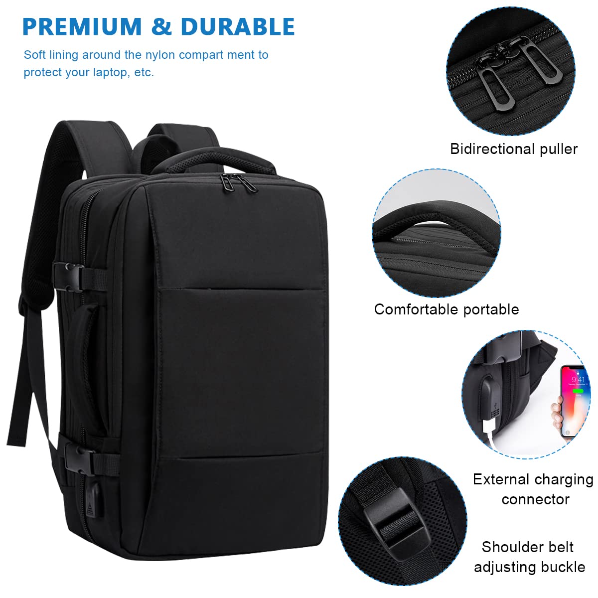 GUSTAVE Laptop Backpack for Travel and Business with USB Port 22–37L Expandable Design | Black