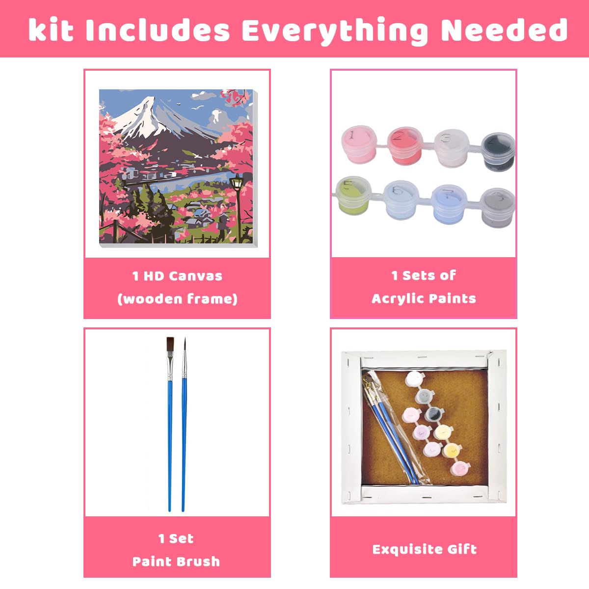HASTHIP Paint by Numbers Kit for Adults and Kids with Brushes and Numbered Pigments 20x20cm | Mount Fuji Cherry Blossom Canvas Painting Set