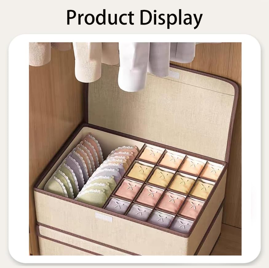 Zibuyu Foldable Undergarments Organizer for Women with 17 Cells and Magic Buckle Lid | Cotton Linen Storage Box for Wardrobe