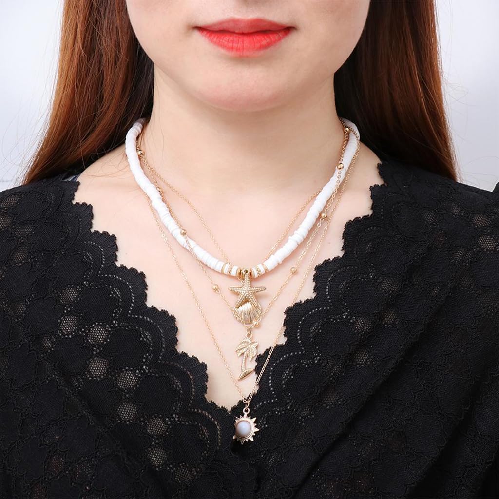 Venzina Boho Seashell Necklace for Women with 4 Layer Design Adjustable 42–56 cm Chain | Beach Gift Jewelry