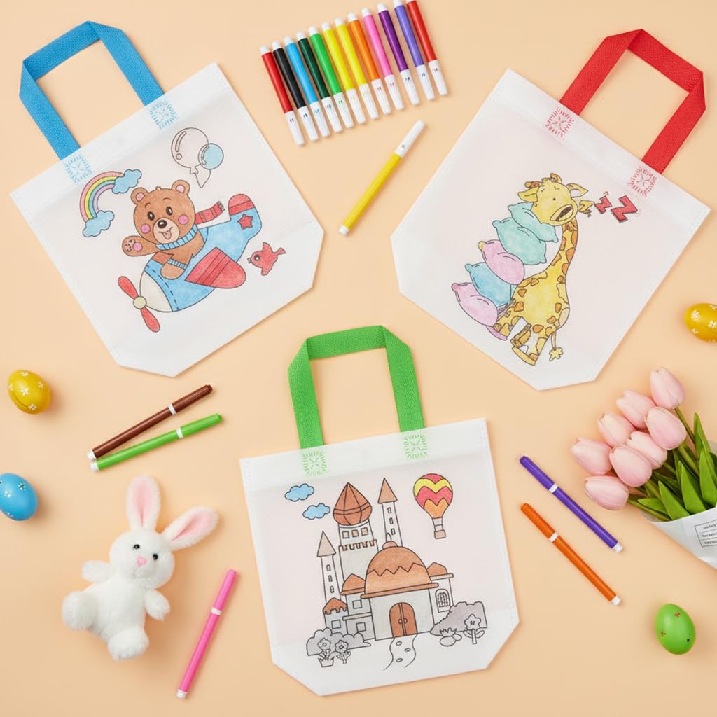 PATPAT Coloring Goodie Bags for Kids Birthday Party with 31Pcs DIY Drawing Kit | Non Woven Reusable Tote 22.5x23.8cm