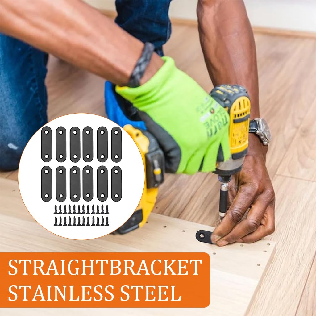 Serplex Flat Plate Straight Brackets Set for Wood and Furniture with Screws 12 Pcs 50mm Black Stainless Steel | Ideal for Shelves and Bed Frame Repairs