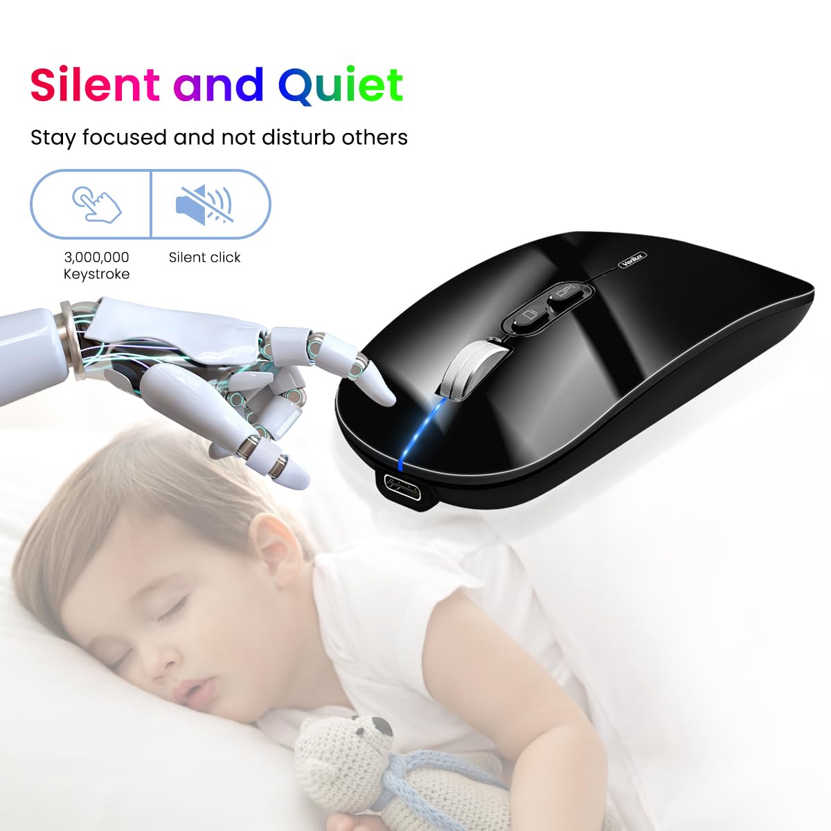 Verilux Wireless Mouse for Laptop featuring Dual Mode 2.4G and 5.1 Bluetooth | 1600DPI Rechargeable Ergonomic Black