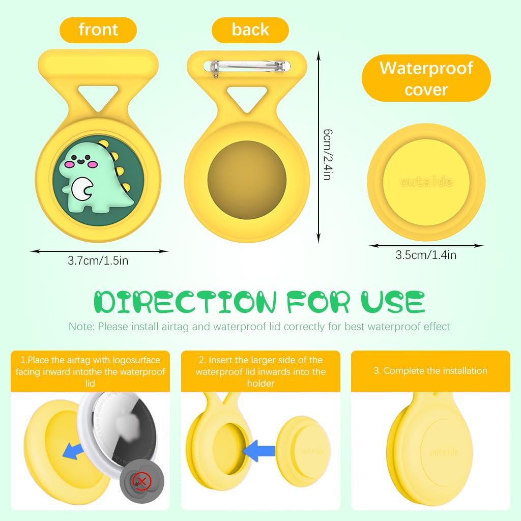 ZORBES Waterproof AirTag Holder Cartoon Dino Yellow Brooch Pin AirTag Holder Silicone Waterproof AirTag Holder Anti-lost Brooch Pin AirTag Holder for Kids, Luggage, Bag, Backpack