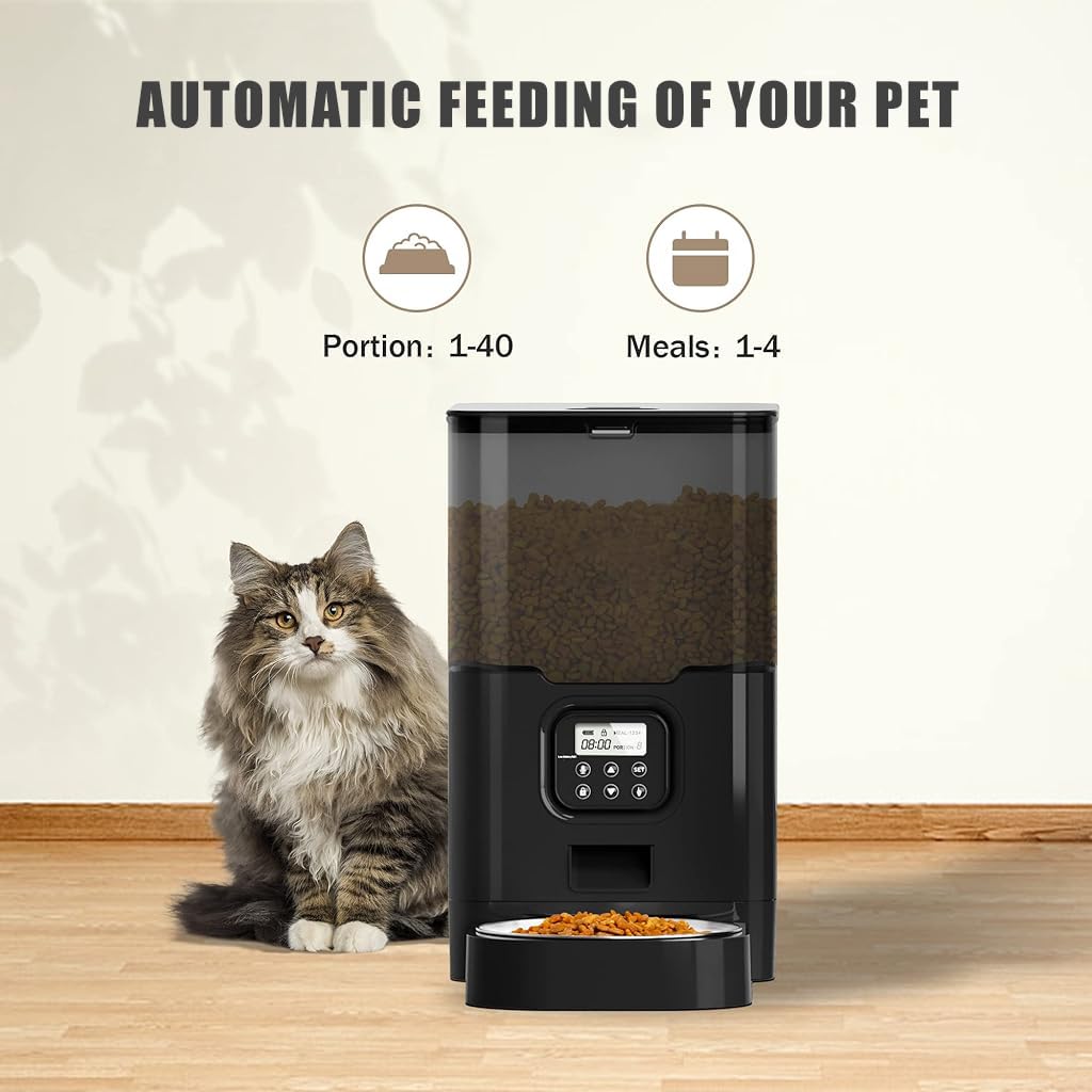 Qpets® Cat Feeder Automatic, 6L Cat Dog Automatic Feeder Smart Pet Food Dispenser, Large Capacity Cat Feeder with Timer & Stainless Steel Food Bowls & Portion Control & Voice Reminder