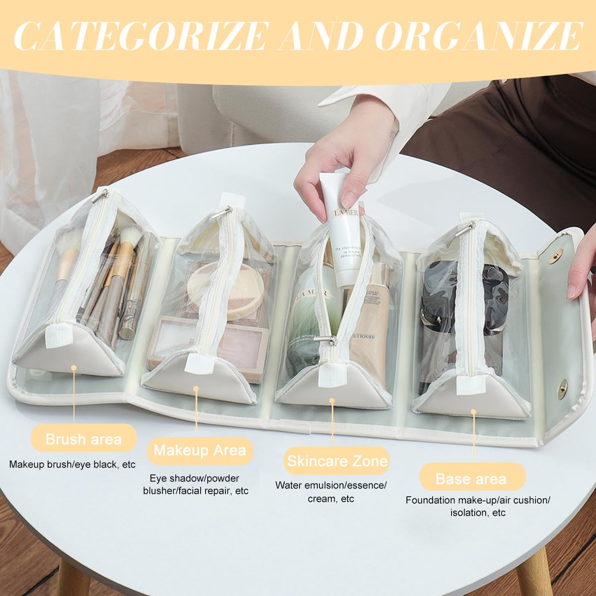 MAYCREATE Travel Makeup Bag with 4 Clear PVC Zipper Pouches and Snap Button Design | Foldable PU Organizer for Toiletries and Accessories