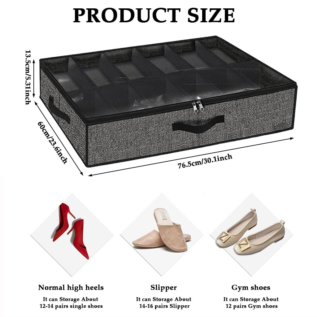 HASTHIP Under Bed Shoe Storage Organizer for 6–12 Pairs with Clear Zip Cover | 75x60x15cm Folding Non Woven Fabric Box
