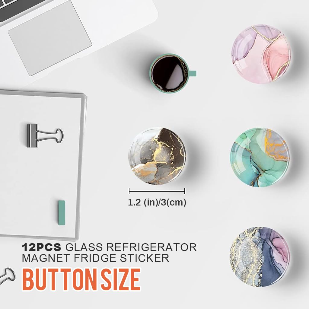 HASTHIP Fridge Magnets for Kitchen and Office with Strong Magnetic Hold | Set of 12 Round Glass Marble Designs