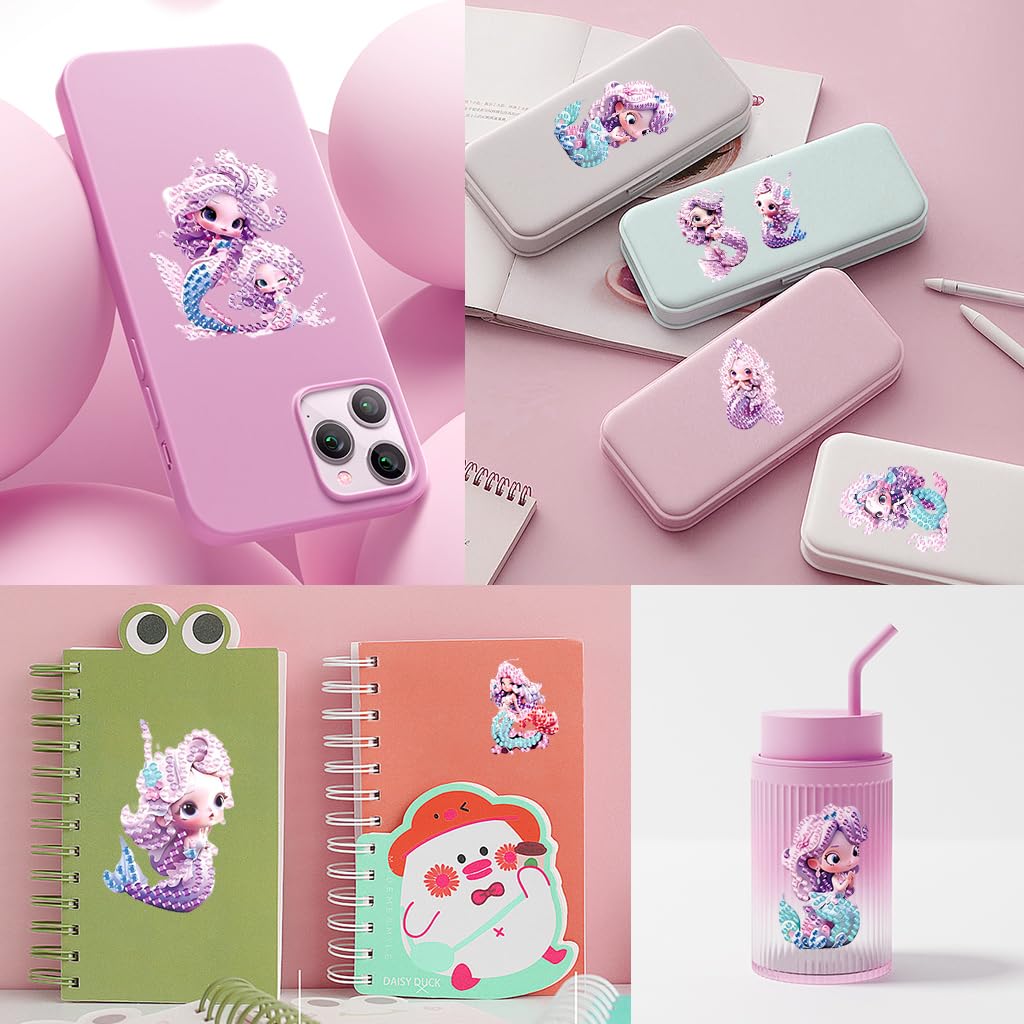 PATPAT Kawaii Diamond Art Stickers for DIY Crafts with 12 Mermaid Designs | Self‑Adhesive Gem Kit