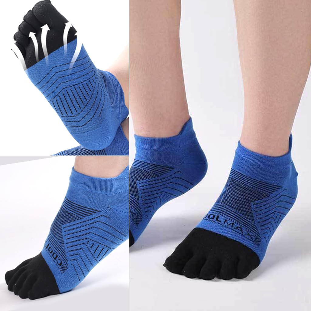 Proberos Five Toe Running Socks for Exercise with Anti Skid Grip Sole and Moisture Wicking Cotton | 3 Pair Blue Ankle Socks for Men