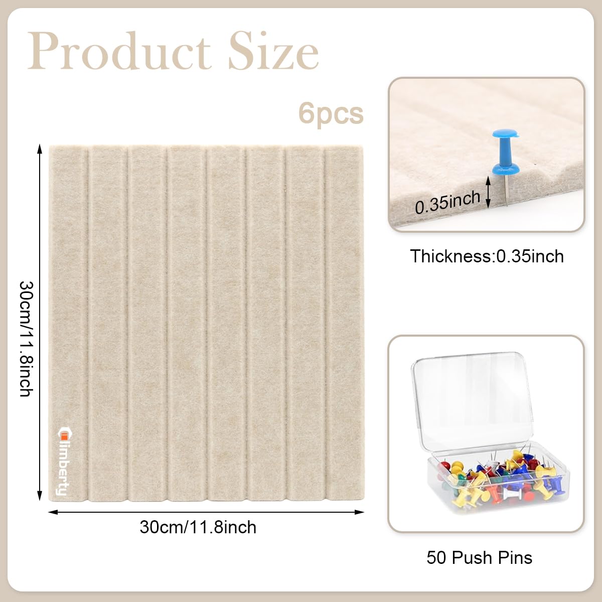Climberty Felt Board Bulletin Board for Home or Office with 6 Panels and 50 Pushpins | Beige 30x30 cm Self‑Adhesive Wall Organizer