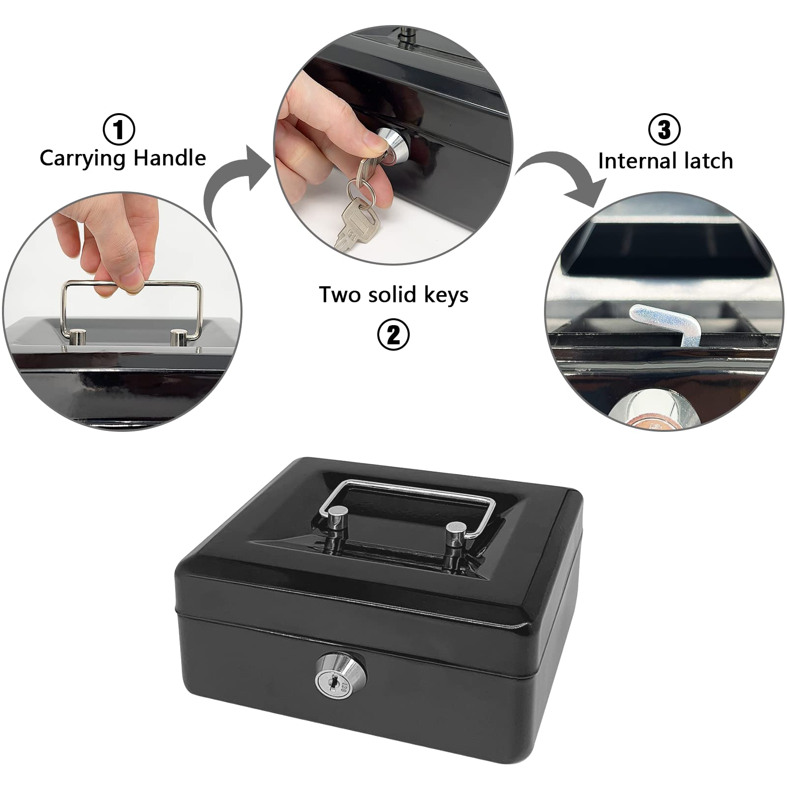 ZIBUYU Cash Box with Lock Portable Coin Box with Keys Money Storage Case Piggy Bank with 6 Compartments, Portable Metal Cash Box with Lock Small Locker Box for Money (4.92 x 3.74 x 2.36 Inch) - Black