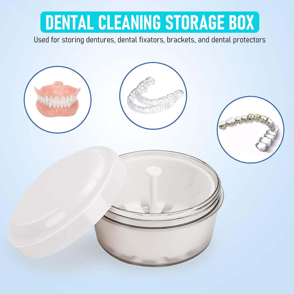 HANNEA Leak Proof Denture Case, Denture Cups Bath, Dentures Container with Retainer Basket Denture Holder for Travel, Mouth Guard Night Gum Retainer Case Container