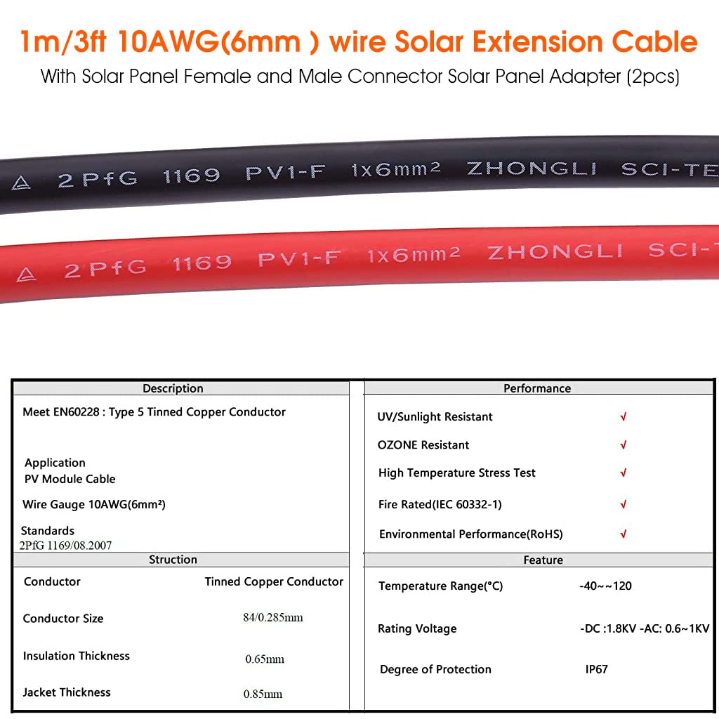 ELEPHANTBOAT Solar Extension Cable for Panels with IP67 Connectors 3ft 10AWG 30A | Oxygen Free Copper Wire