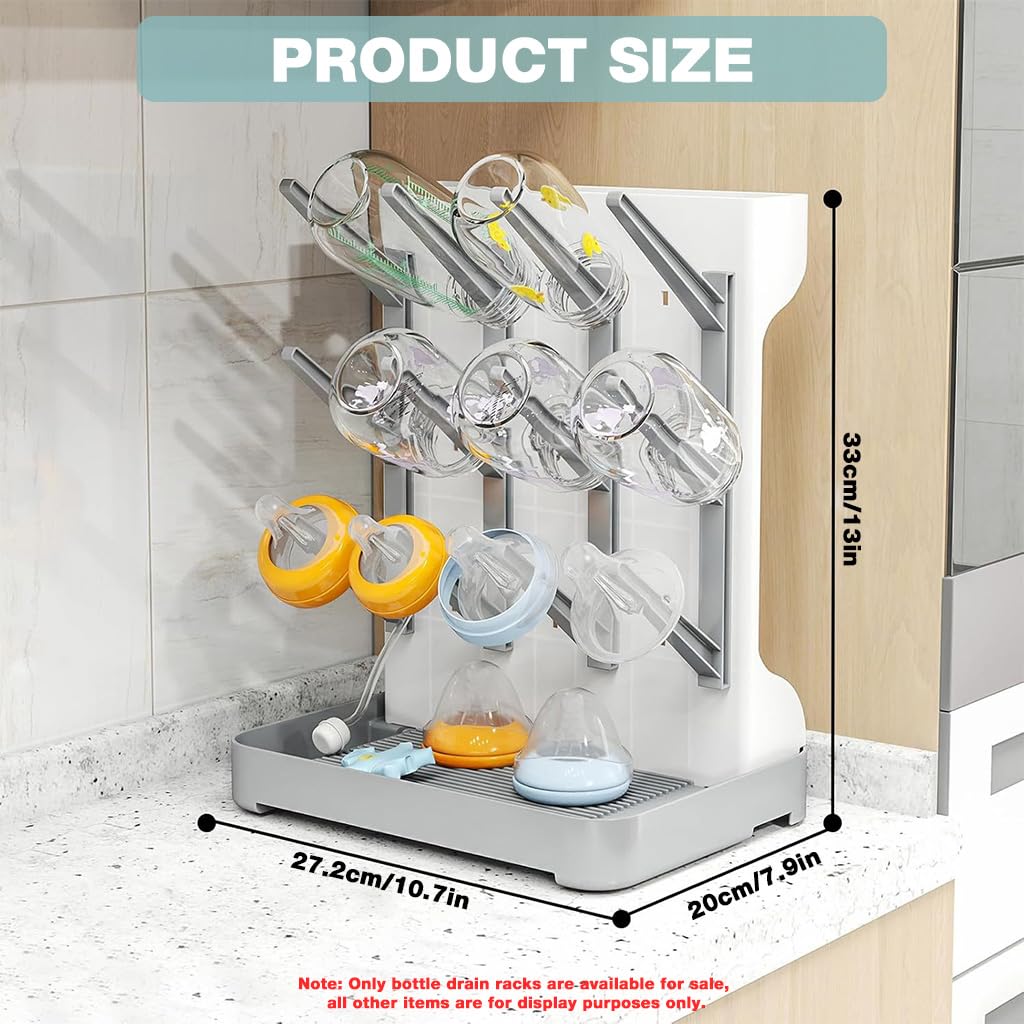 SNOWIE SOFT Baby Bottle Drying Stand with 12 Hangers and Drip Tray 7.6x10.5x12.8 in | DIY Organizer for Feeding Accessories