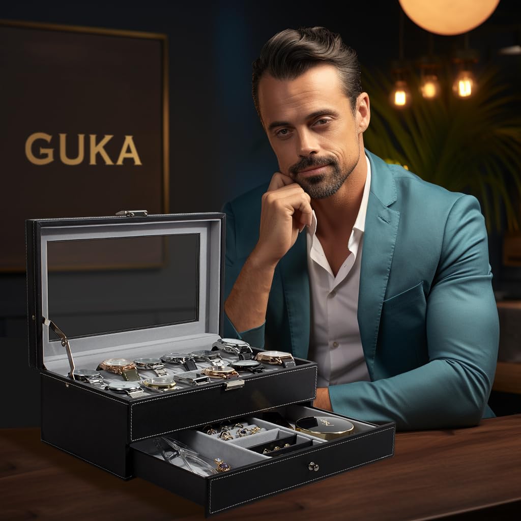 ZIBUYU Men's Jewelry Box Wooden PU Watch Storage Organizer 12-Grid Double Layer Watch Organizer Holder with Pillows Stylish Men Jewelry Box Organizer for Bracelet, Necklace, Rings, Ear Studs, Watches