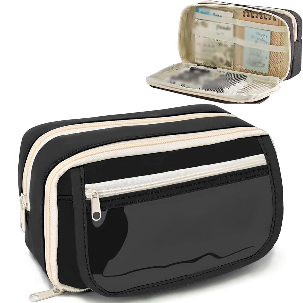 Zibuyu Pencil Pouch for School and Office with Multi Layer Mesh Pockets and Black Cloth Design
