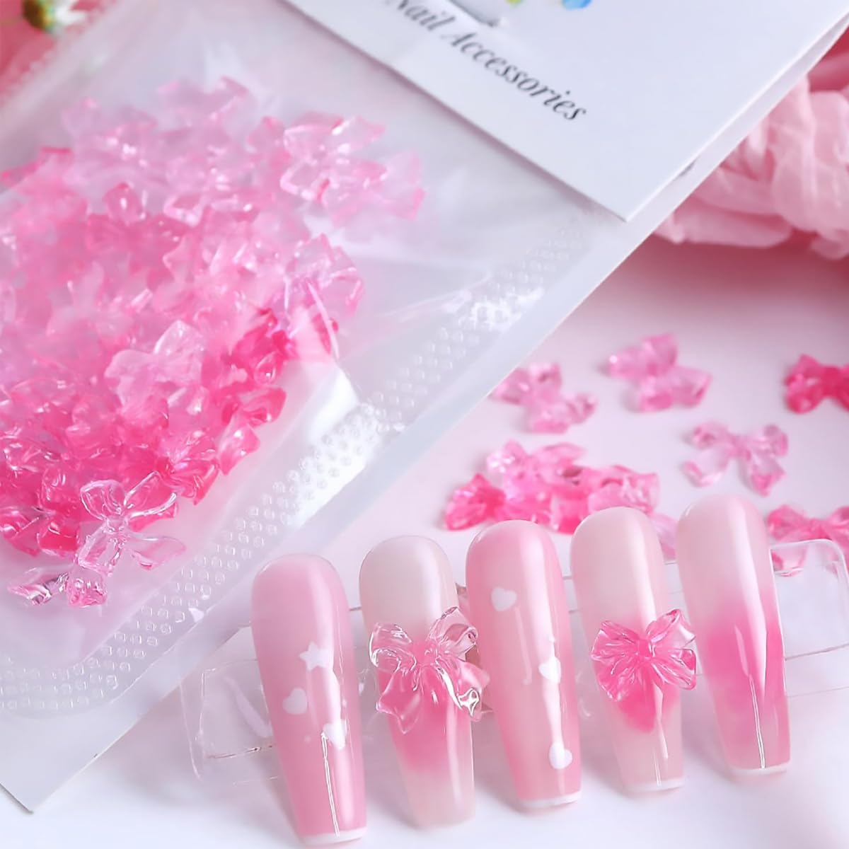 MAYCREATE Nail Decals for DIY Nail Art with 50pcs 3D Flat Back Resin Pink Bow Charms | Cute Decorative Design