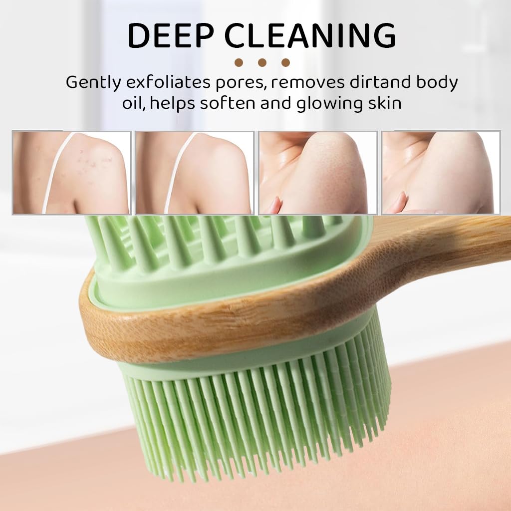 MAYCREATE Silicone Back Scrubber for Shower with Dual Sided Bristles and Wooden Handle | Green