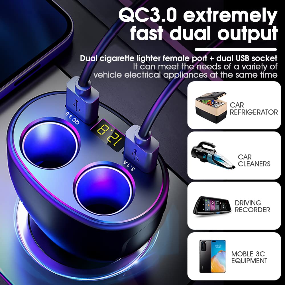 STHIRA 5-in-1 100W PD Car Charger with Dual 27.56-Inch Retractable Type-C Cables and LCD Display
