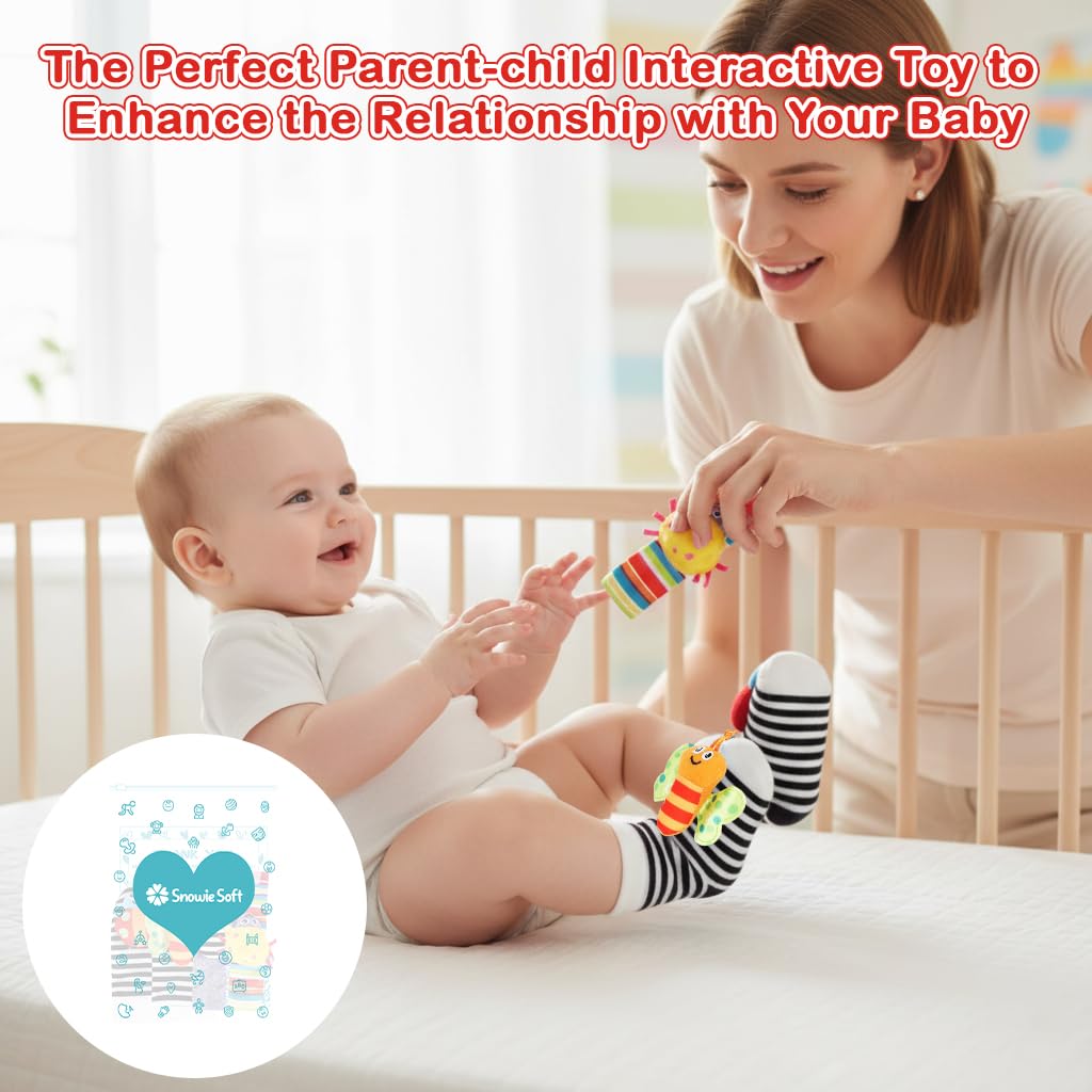 SNOWIE SOFT Baby Rattle Socks Set with Wristband Plush Toys for Infant Sensory Play