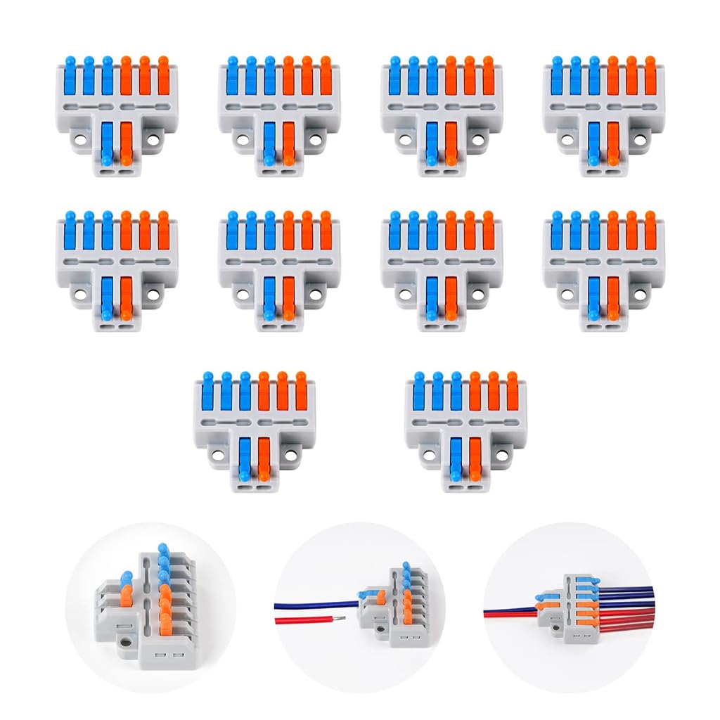 Serplex® 10Pcs Lever-Nut Wire Connectors, 2 In to 6 Out Conductor Compact Electrical Connectors, Quick Wiring Cable Connectors Push-in Conductor Terminal Blocks, Flame Retardant PA/PC