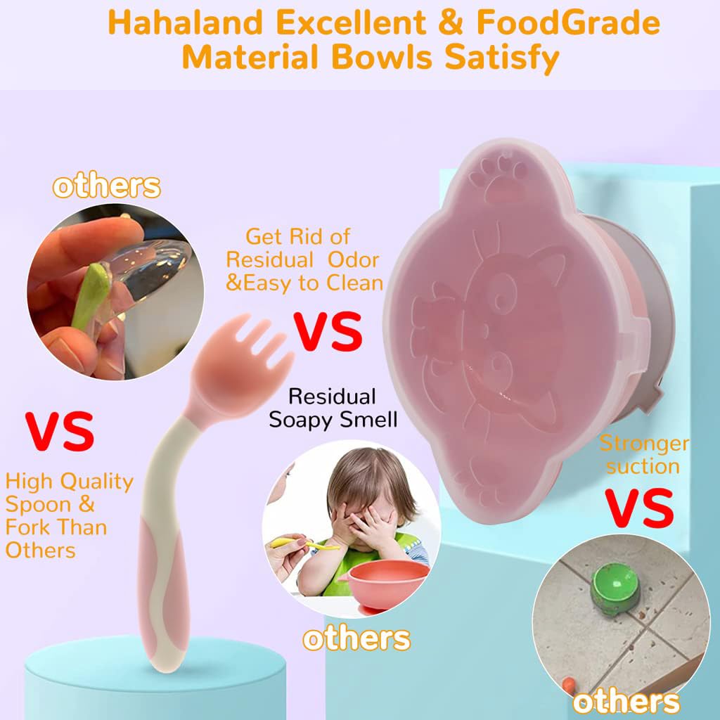 SNOWIE SOFT Baby Feeding Bowl Set for Self Feeding with Suction Cup & Cover | Food Grade PP Pink 4Pcs