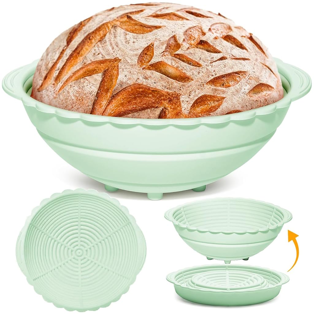 HASTHIP® 9.6-Inch Silicone Bread Basket, Round Folding Silicone Bread Proofing Basket, Food-Grade BPA-Free, Non-Stick Bread Baking Supplies for Sourdough, Artisan Bread (Green)