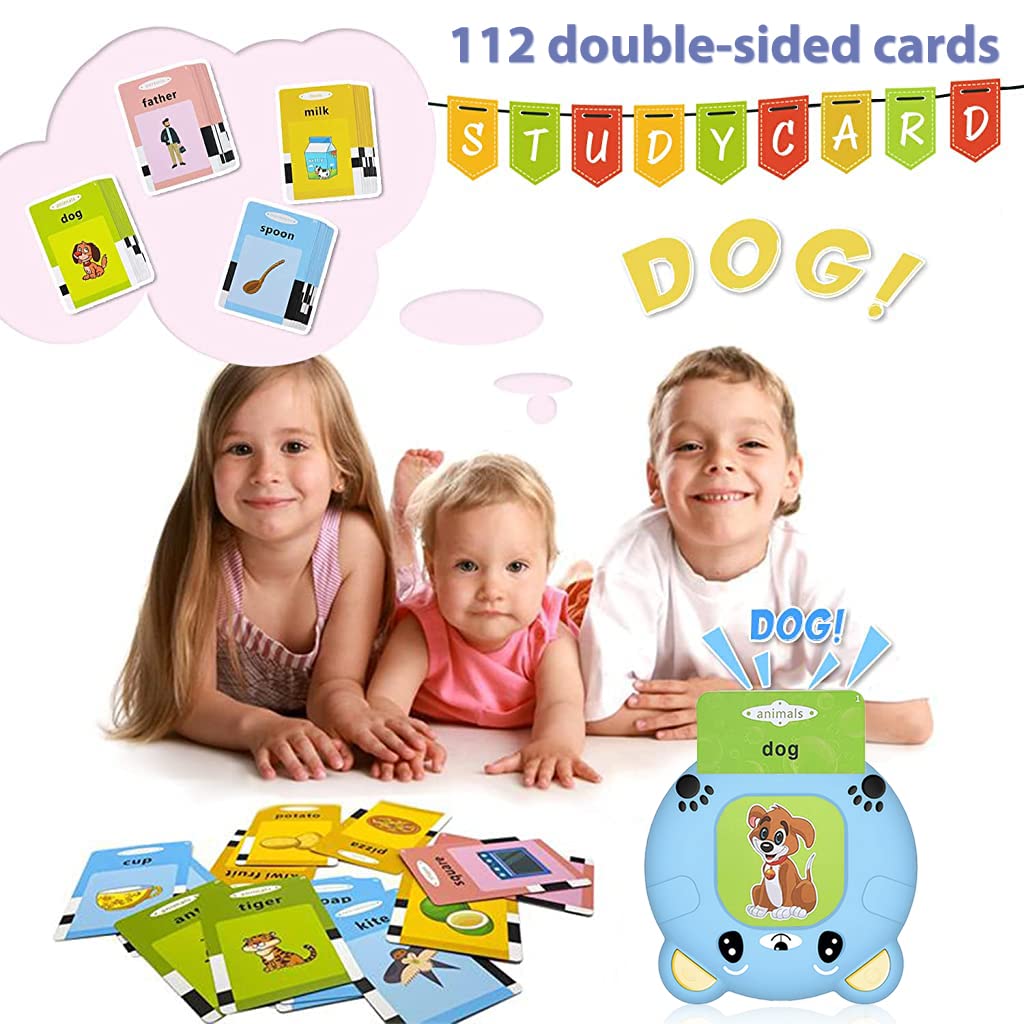 PATPAT Talking Flash Cards Learning Toys, English Words Learning Machine for Kids, Blue Bear Reading Machine with 112 Sheet Flash Cards Gifts for Preschool Kids Boys Girls Toddlers Age 3 4 5 6 7 8