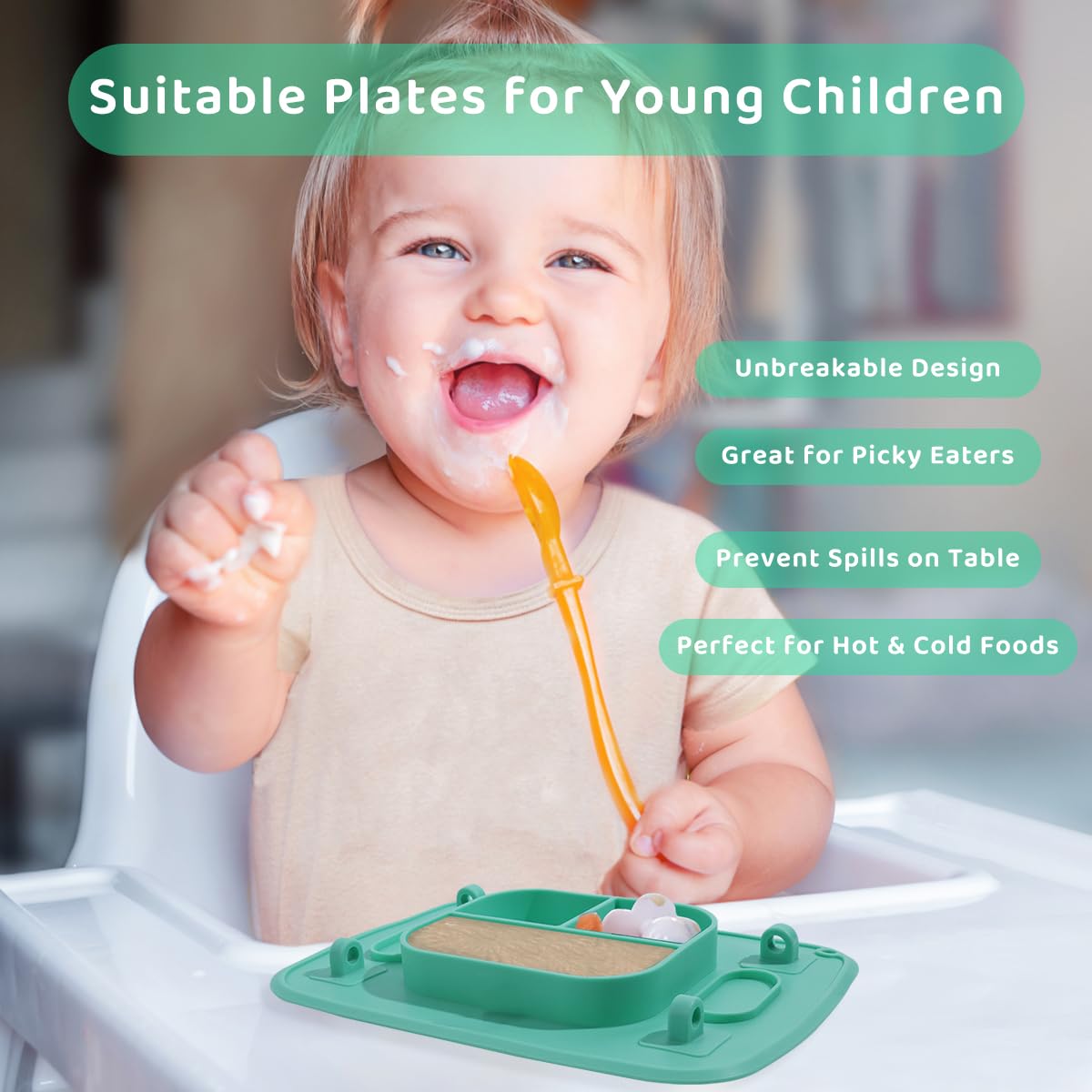 SNOWIE SOFT® Baby Foodplate BPA-Free Silicone Baby Feeding Set Anti-flip Suction Plates for Baby, Kids Plates for Food with 4 Silicone Straps for Hanging Teether Toy, Soother