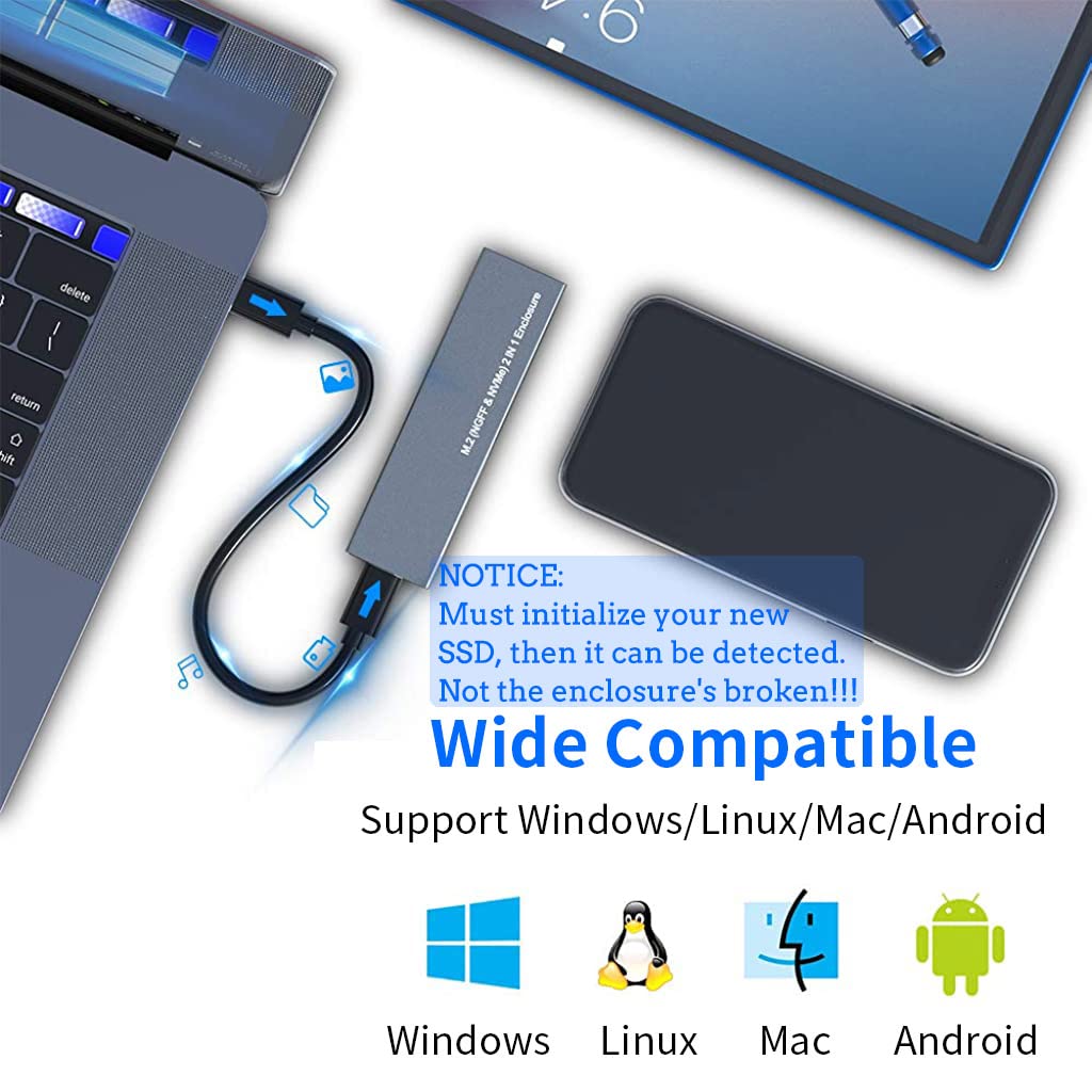 Verilux® M.2 NVME SATA SSD Enclosure, Dual Protocol Aluminum Alloy SSD Case with USB C 3.1 Gen 2 USB3.0 to M.2 M-Key B+M Key Enclosure, Support Up to 2TB, Fits 2230 2242 2260 2280, USB Type C Devices