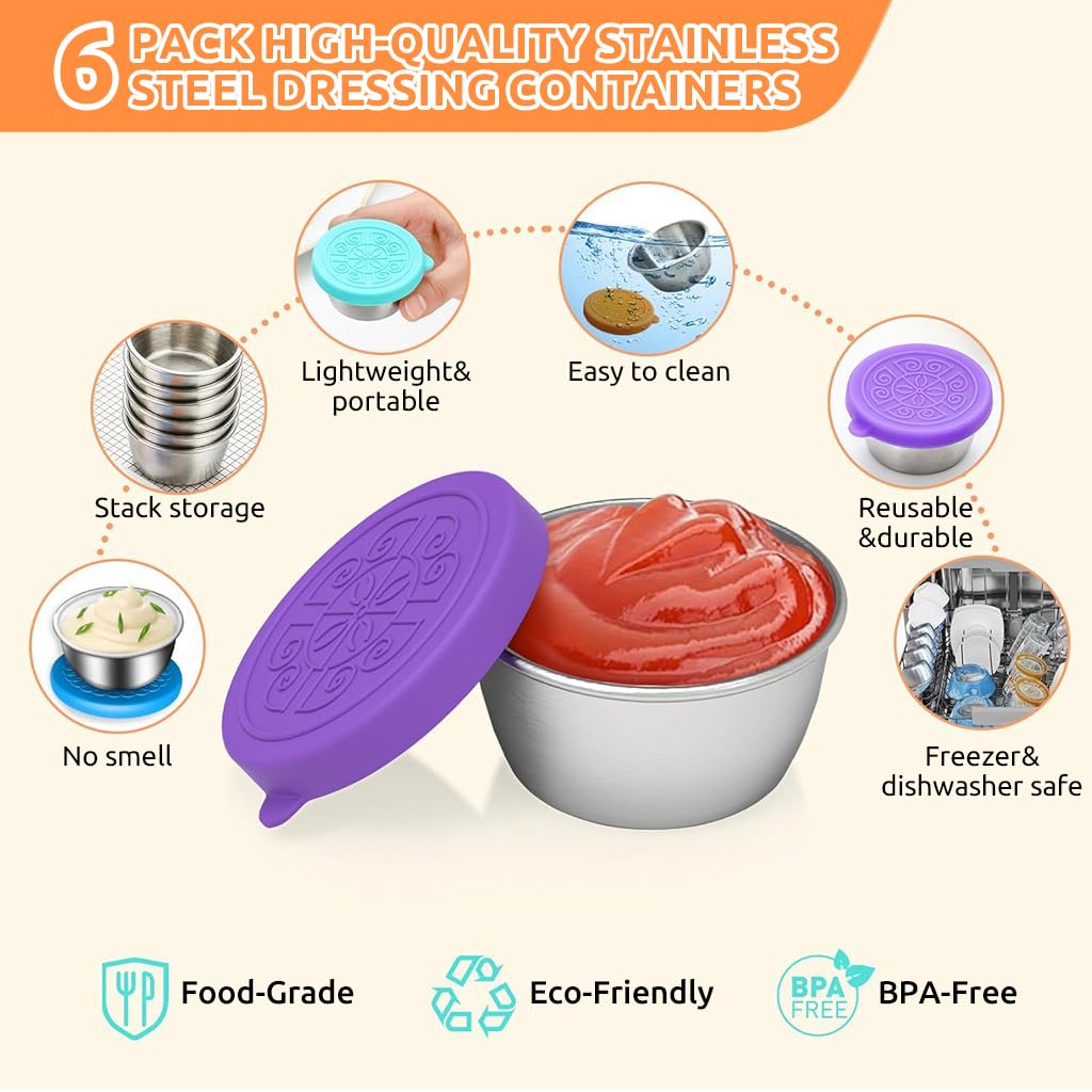 HASTHIP Small Condiment Containers for Salad Dressings featuring Leakproof Silicone Lids and Reusable Stainless Steel Cups 6 Pack 40ml