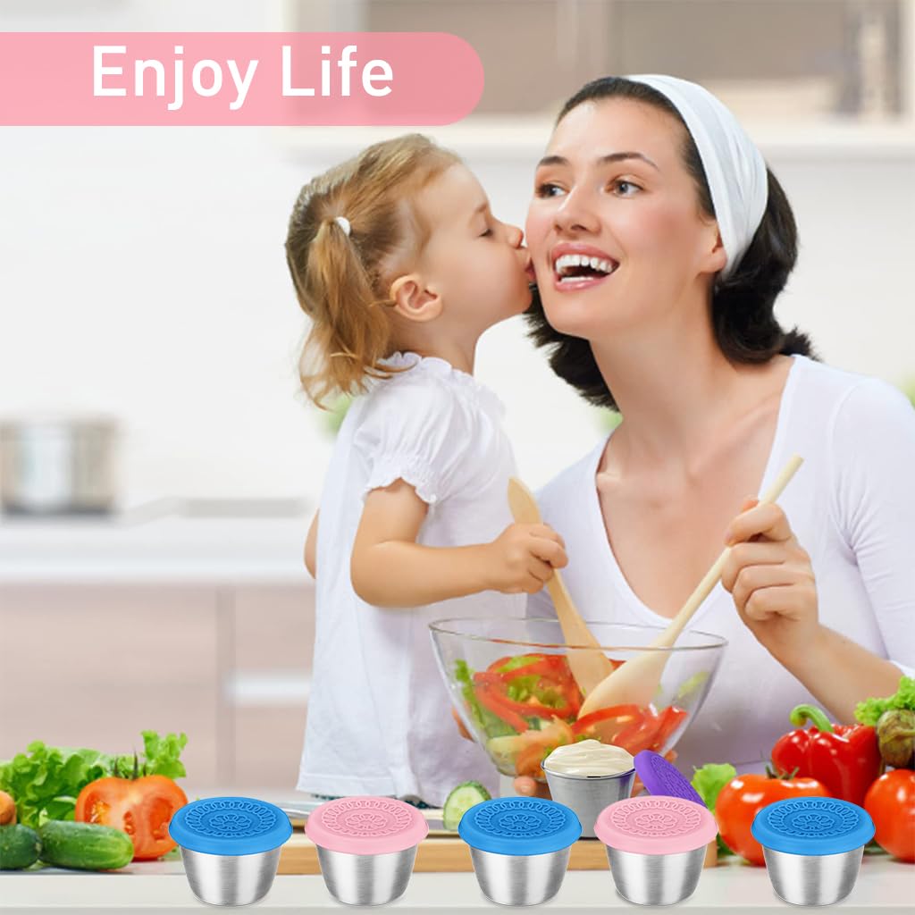 HASTHIP Salad Dressing Container for Lunch and Travel with Leakproof Silicone Lids | 2pcs 70ml Reusable Stainless Steel Cups Pink and Blue